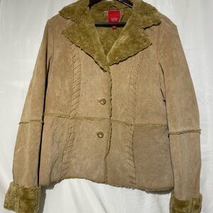 Esprit Tan Leather Jacket with Faux Fur Trim